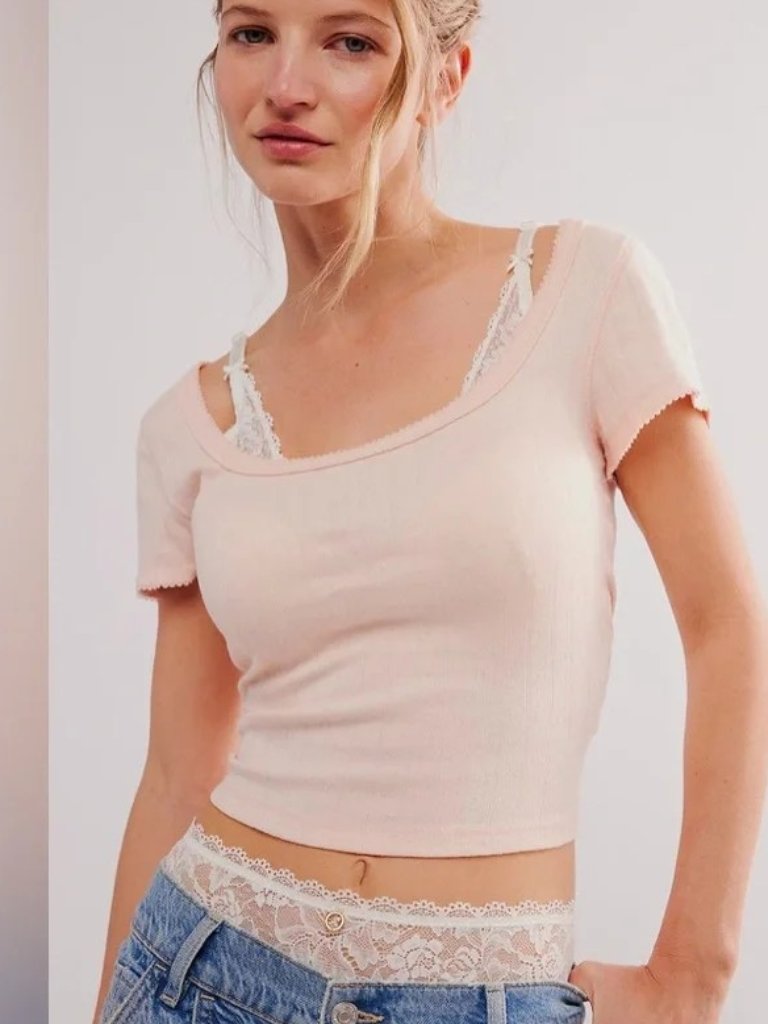 Free People Intimately End Game Pointelle Baby Tee. Light Peach. Size S.